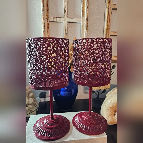 Set of Two Metal Ornate Pedestal Large Candle Holder Marroon Dark Red EUC - Picture 3 of 9